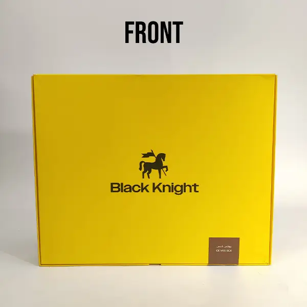 Front view of a bright yellow custom paper coffee box with Black Knight branding