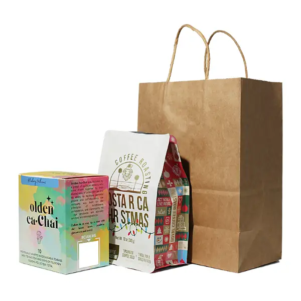Kraft paper medium coffee gift bag with twisted handle, suitable for coffee bags and gift packaging