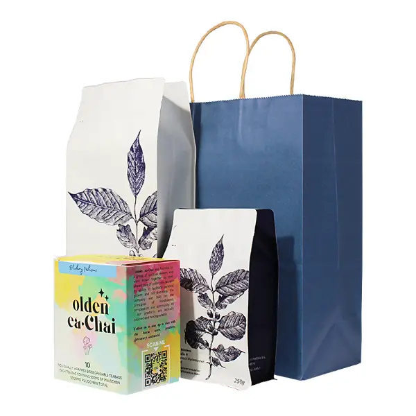 Large kraft paper coffee gift bags containing coffee bags and boxes for retail and gifting