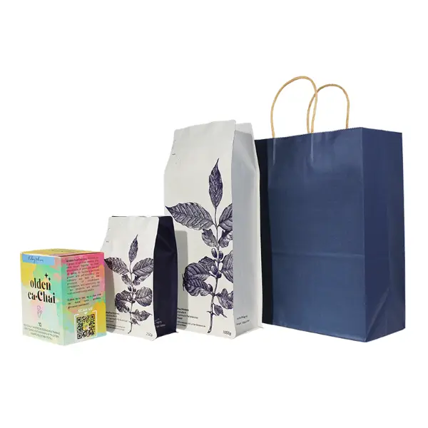 Stock large kraft paper coffee gift bag with twisted handle used for coffee bags and gift packaging