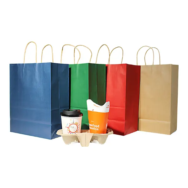 Stock large kraft paper coffee gift bags with handles available in multiple solid colors
