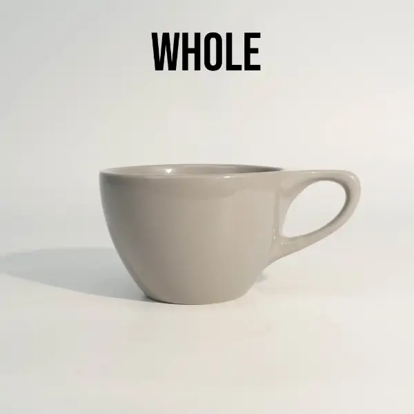 Front view of custom round gray flat-rimmed ceramic coffee cup