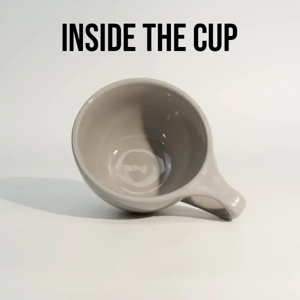 Inside view of custom round gray ceramic coffee cup with flat rim