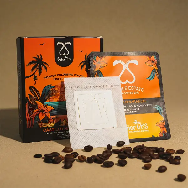 Custom orange drip coffee sachet box with Colombian design