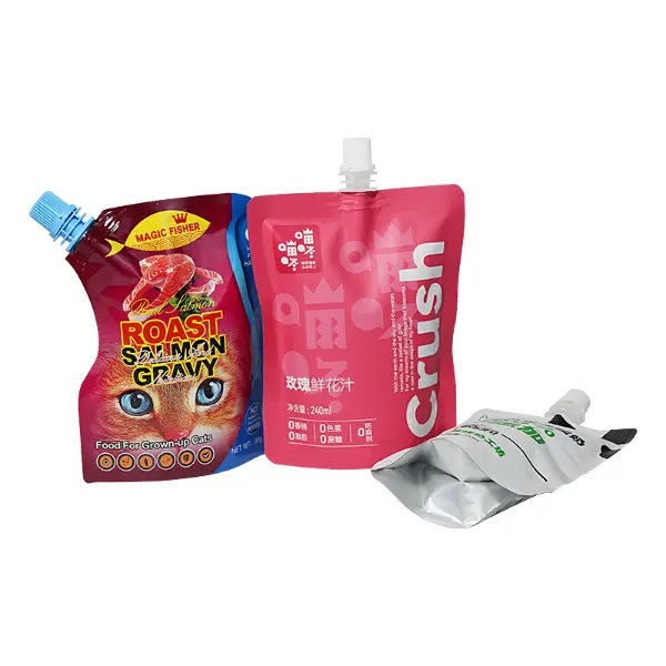 Flexible plastic spout pouch designed for squeezable liquid and sauce products