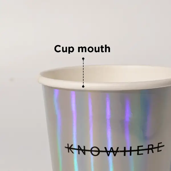 Front view of custom holographic paper cup with glossy rainbow effect