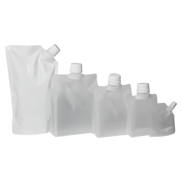 Matte transparent spout pouches in multiple sizes with screw caps for liquid and food packaging