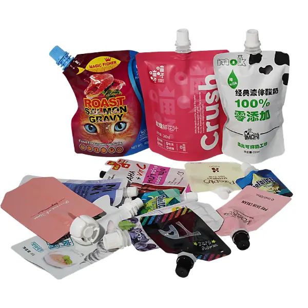 Stand up plastic spout pouch with leak proof cap for liquid packaging